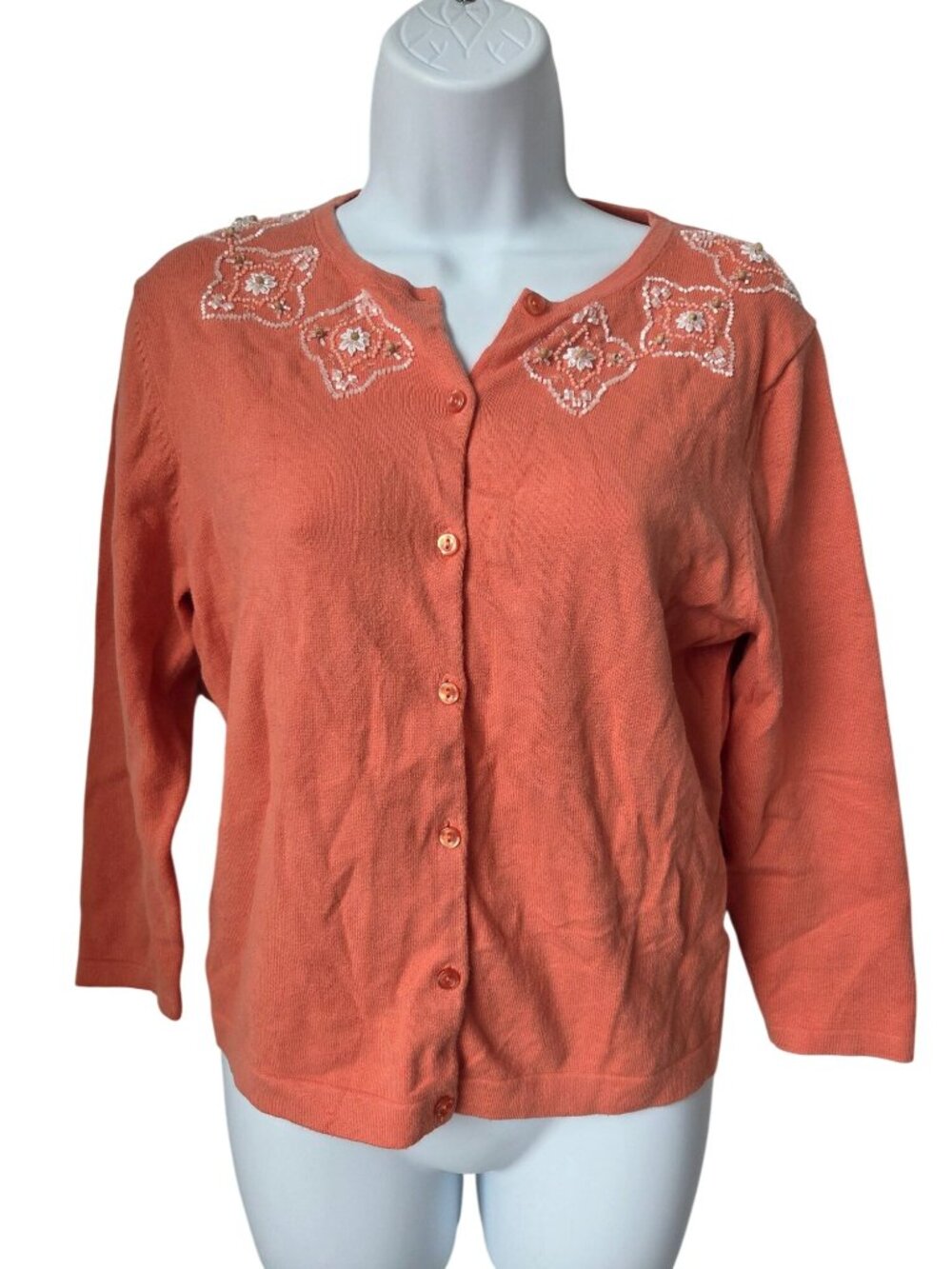 Garnet Hill Womens Embroidered Cropped Cardigan S Coral Cotton Blend Button Fron